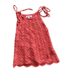 Blu Pepper Coral Pink Pointelle Knit Tank Top Tie Shoulder Scalloped Hem Boho Sm